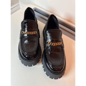 Princess Polly Loafers Women Size 6 Black Patent Chain Lug Sole Platform Edgy